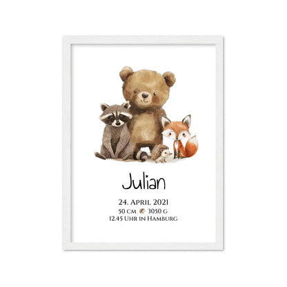 Personalisiertes Kinderposter Geschenk zur Geburt und Taufe - Waldtiere Kinderkissen & Kinderdecke Gerahmtes Poster weiß Holzflair Weiß