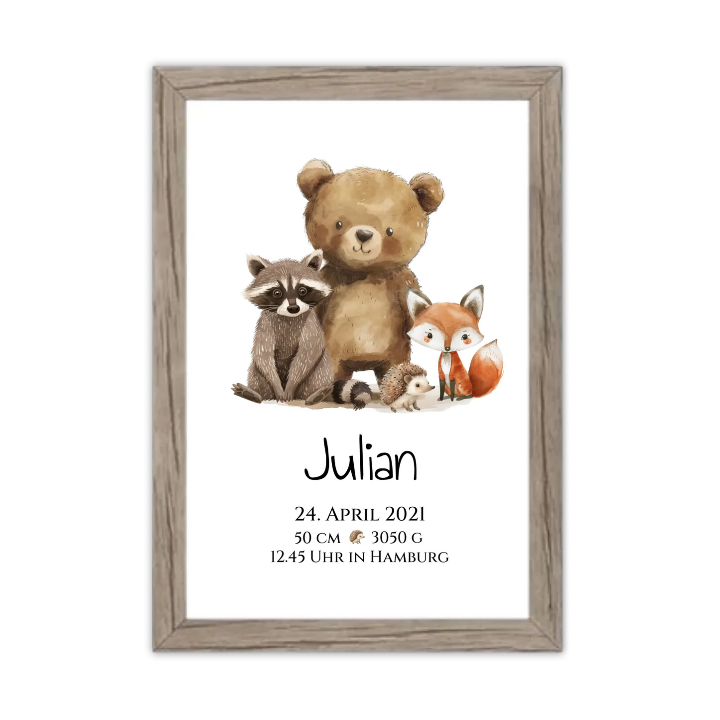 Personalisiertes Kinderposter Geschenk zur Geburt und Taufe - Waldtiere Kinderkissen & Kinderdecke Gerahmtes Poster Eichenflair Eichenflair