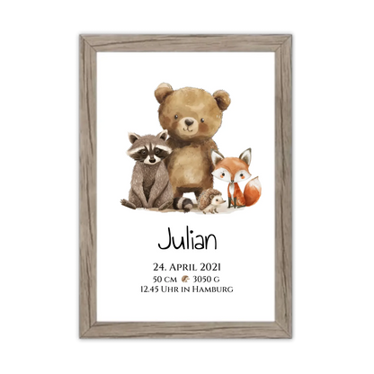 Personalisiertes Kinderposter Geschenk zur Geburt und Taufe - Waldtiere Kinderkissen & Kinderdecke Gerahmtes Poster Eichenflair Eichenflair