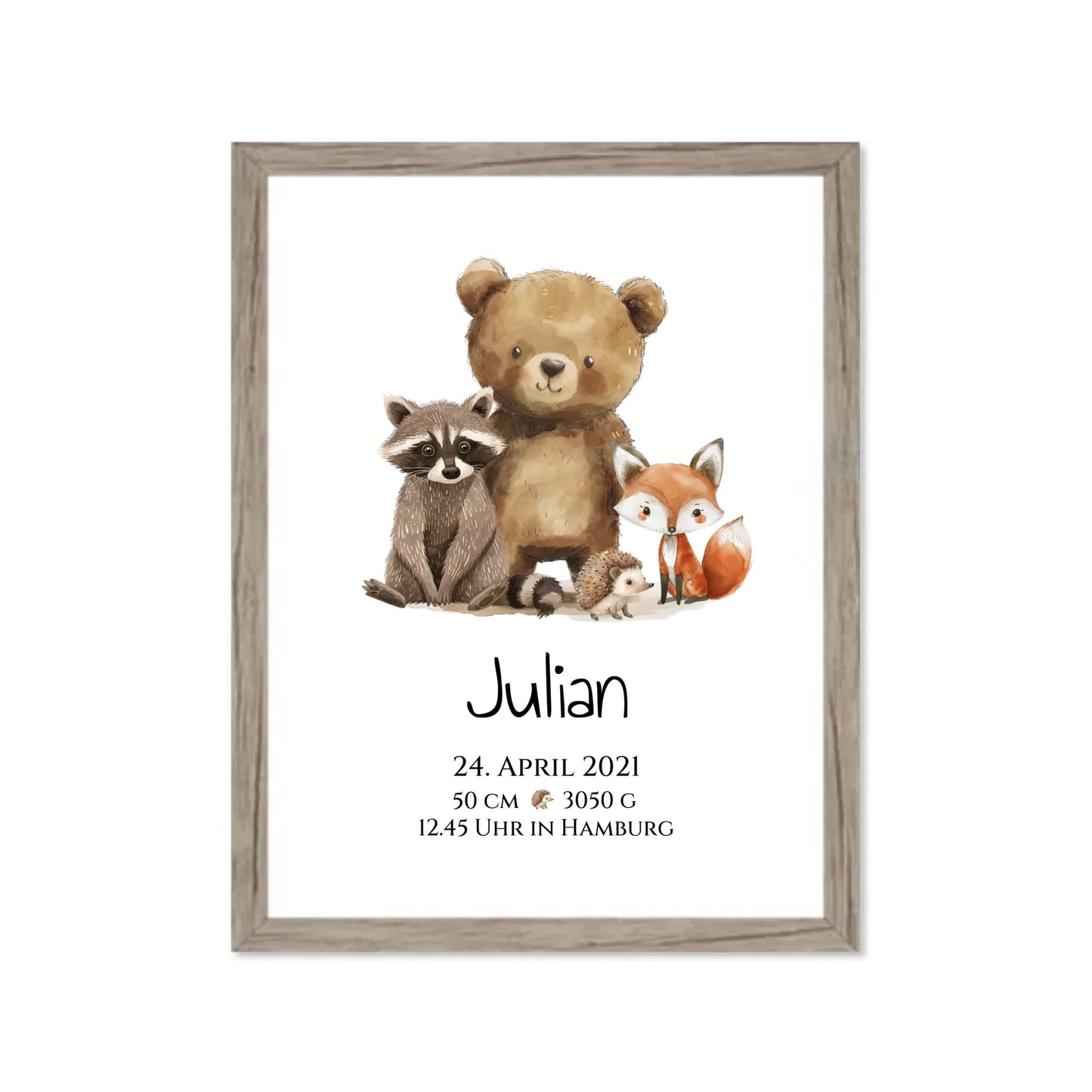 Personalisiertes Kinderposter Geschenk zur Geburt und Taufe - Waldtiere Kinderkissen & Kinderdecke Gerahmtes Poster Eichenflair Eichenflair