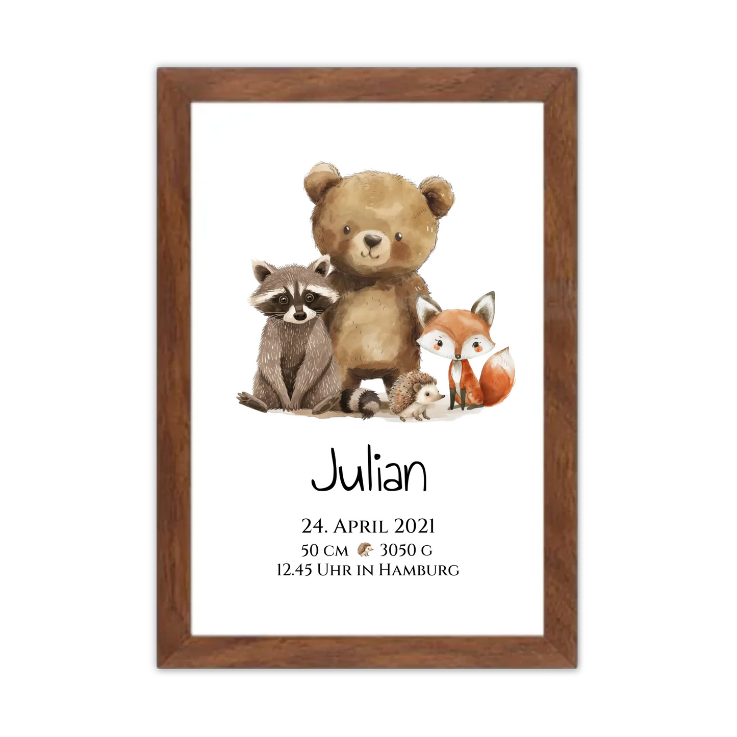 Personalisiertes Kinderposter Geschenk zur Geburt und Taufe - Waldtiere Kinderkissen & Kinderdecke Gerahmtes Poster Walnussflair Walnussflair