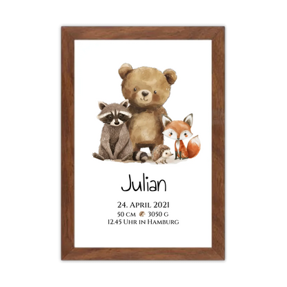 Personalisiertes Kinderposter Geschenk zur Geburt und Taufe - Waldtiere Kinderkissen & Kinderdecke Gerahmtes Poster Walnussflair Walnussflair