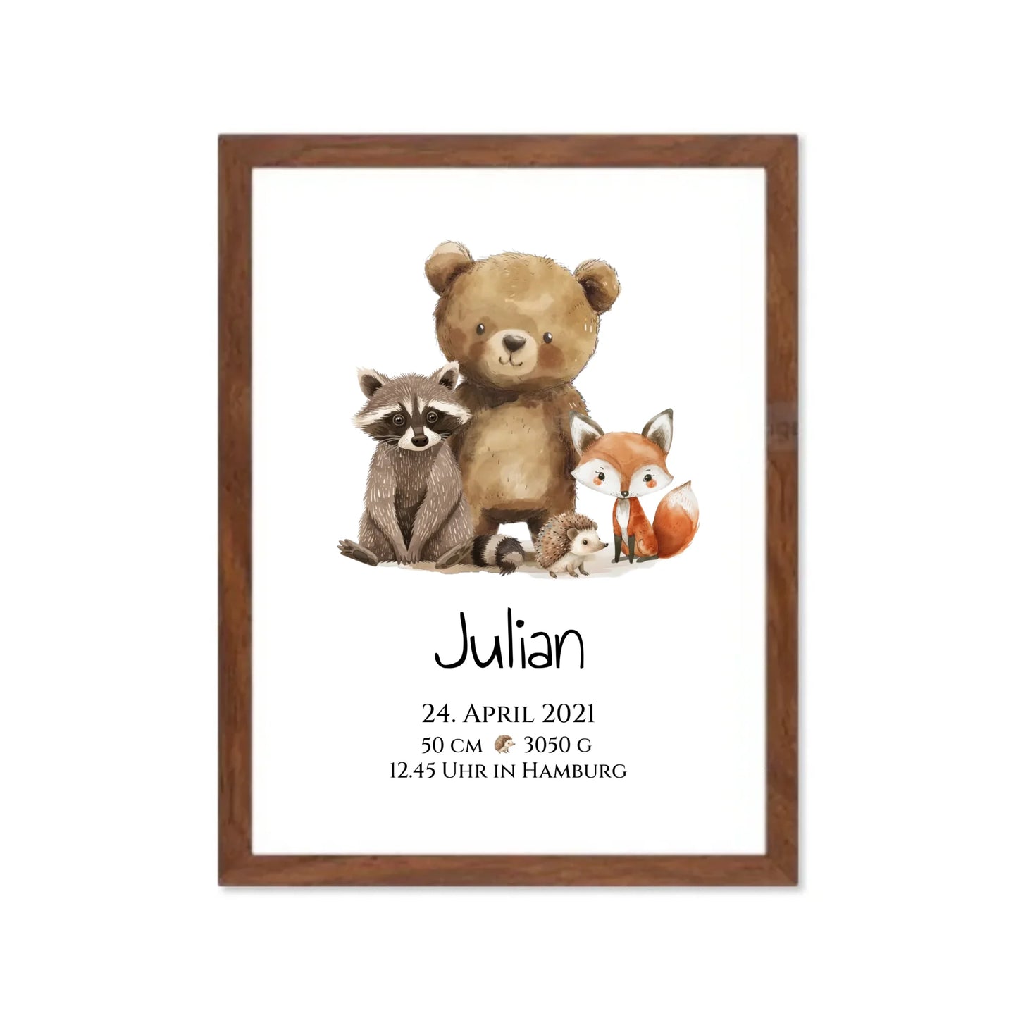 Personalisiertes Kinderposter Geschenk zur Geburt und Taufe - Waldtiere Kinderkissen & Kinderdecke Gerahmtes Poster Walnussflair Walnussflair
