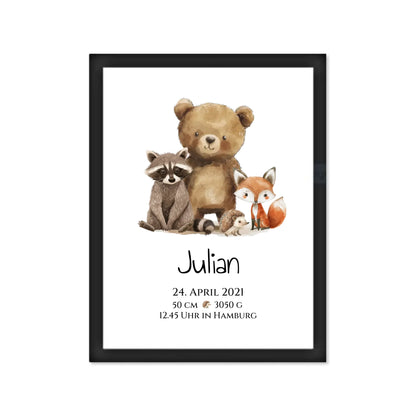 Personalisiertes Kinderposter Geschenk zur Geburt und Taufe - Waldtiere Kinderkissen & Kinderdecke Gerahmtes Poster schwarz Holzflair Schwarz