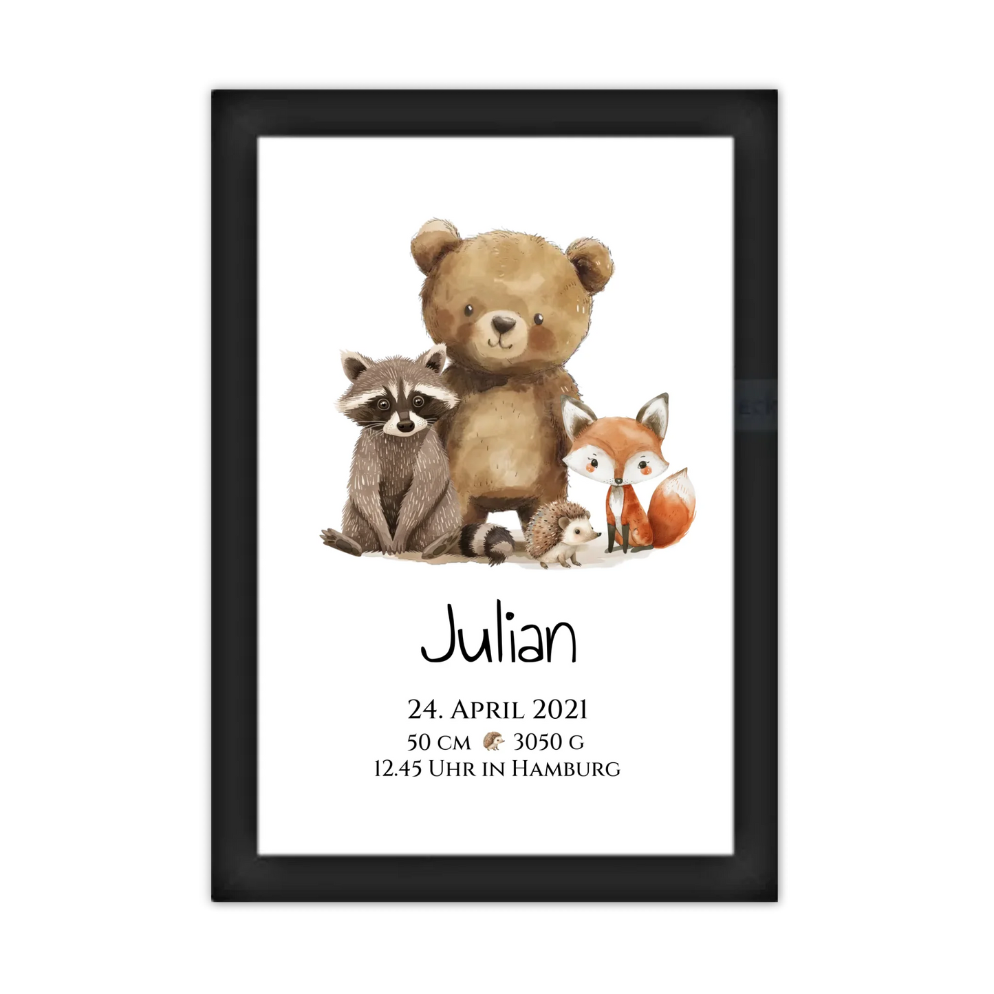 Personalisiertes Kinderposter Geschenk zur Geburt und Taufe - Waldtiere Kinderkissen & Kinderdecke Gerahmtes Poster schwarz Holzflair Schwarz