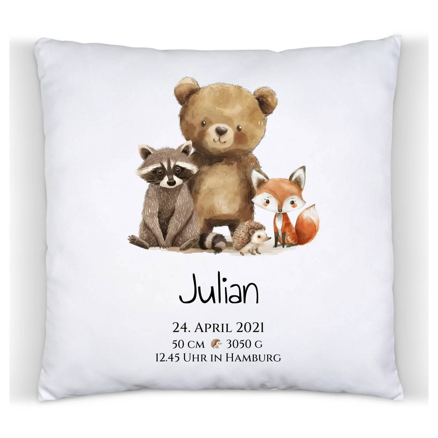 Personalisiertes Kinderposter Geschenk zur Geburt und Taufe - Waldtiere Kinderkissen & Kinderdecke Satinkissen Satinkissen 40x40cm