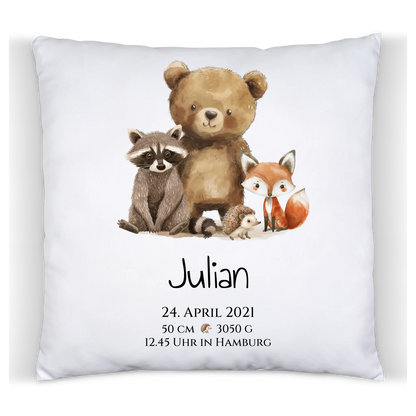 Personalisiertes Kinderposter Geschenk zur Geburt und Taufe - Waldtiere Kinderkissen & Kinderdecke Premium Kissen (Plüschoberfläche) Premium Kissen