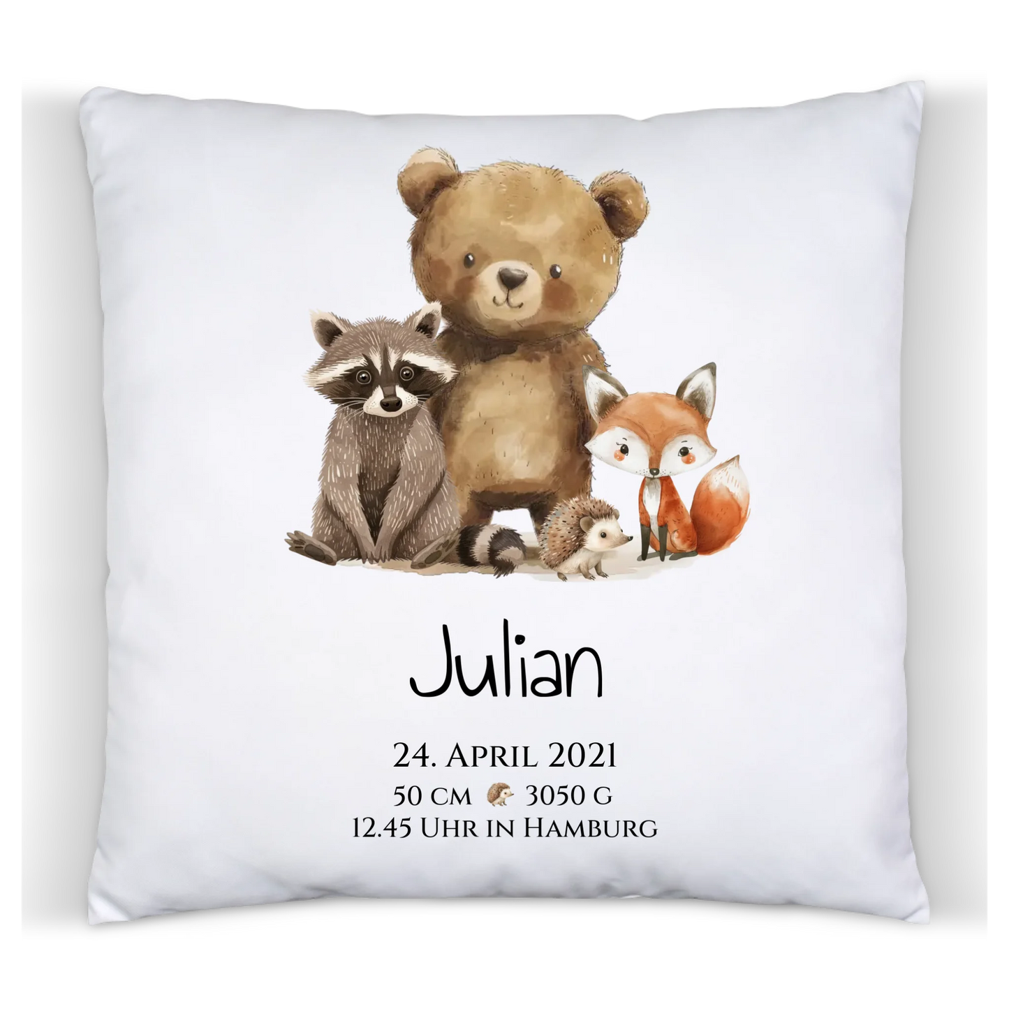 Personalisiertes Kinderposter Geschenk zur Geburt und Taufe - Waldtiere Kinderkissen & Kinderdecke Kissen Baumwolle Baumwollkissen