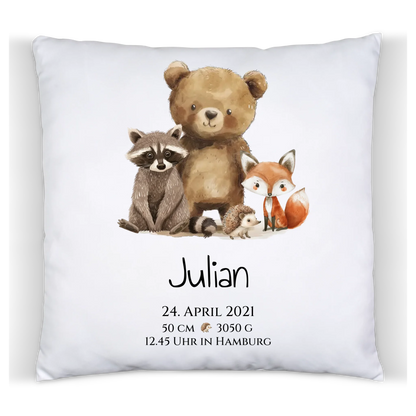 Personalisiertes Kinderposter Geschenk zur Geburt und Taufe - Waldtiere Kinderkissen & Kinderdecke Kissen Baumwolle Baumwollkissen