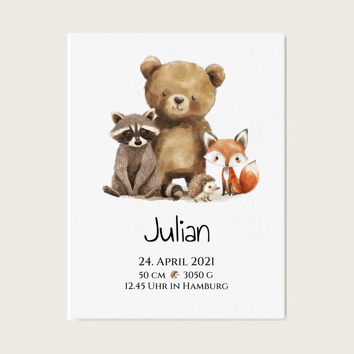 Personalisiertes Kinderposter Geschenk zur Geburt und Taufe - Waldtiere Kinderkissen & Kinderdecke Leinwanddruck Leinwandbild