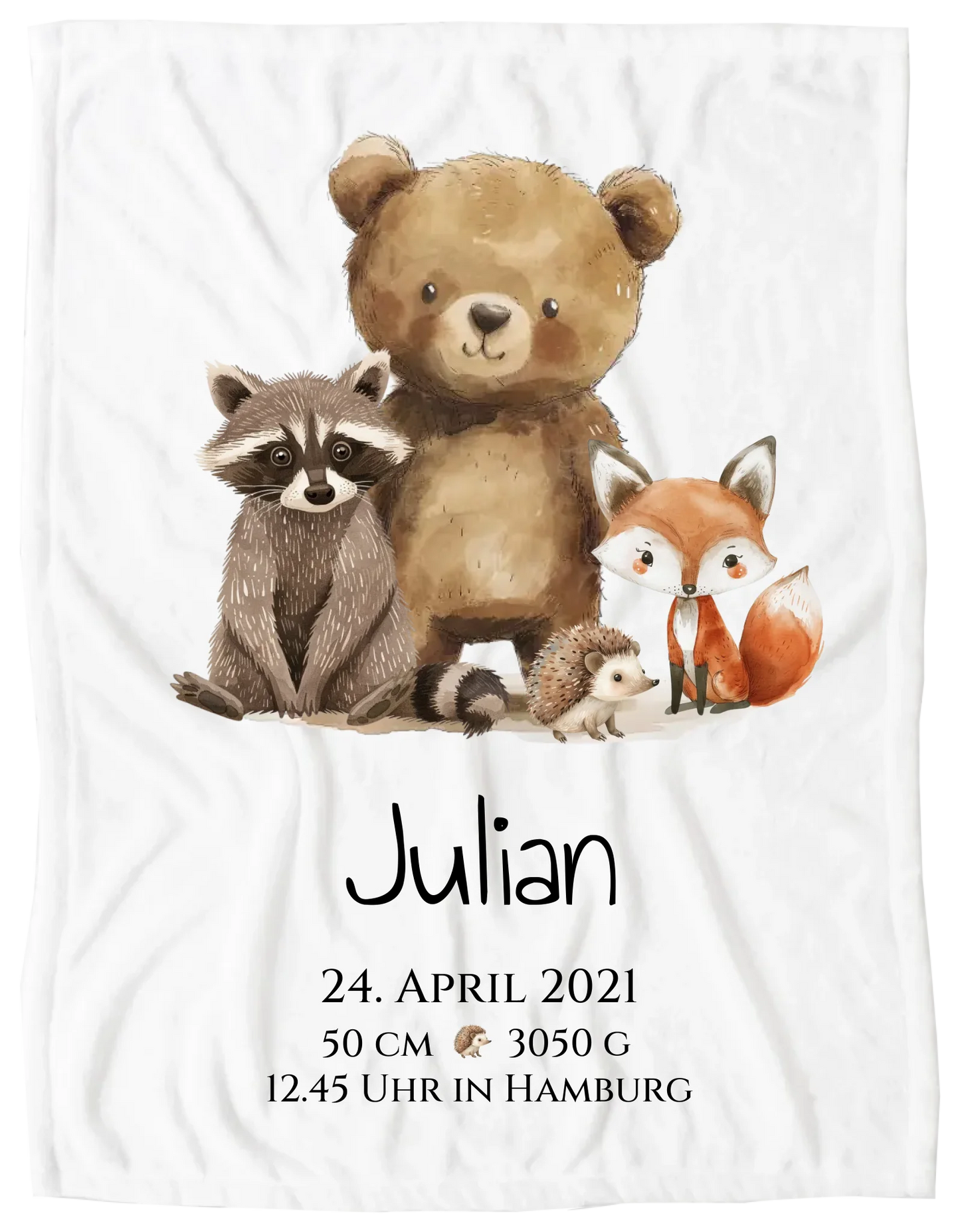 Personalisiertes Kinderposter Geschenk zur Geburt und Taufe - Waldtiere Kinderkissen & Kinderdecke Blanket Premium Kuscheldecke 100 x 70 cm 27" x 40"