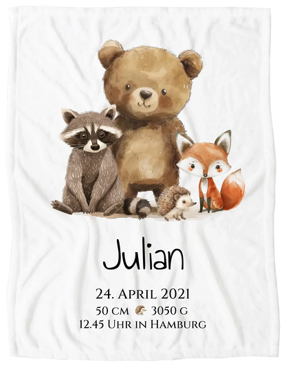 Personalisiertes Kinderposter Geschenk zur Geburt und Taufe - Waldtiere Kinderkissen & Kinderdecke Blanket Premium Kuscheldecke 100 x 70 cm 27" x 40"