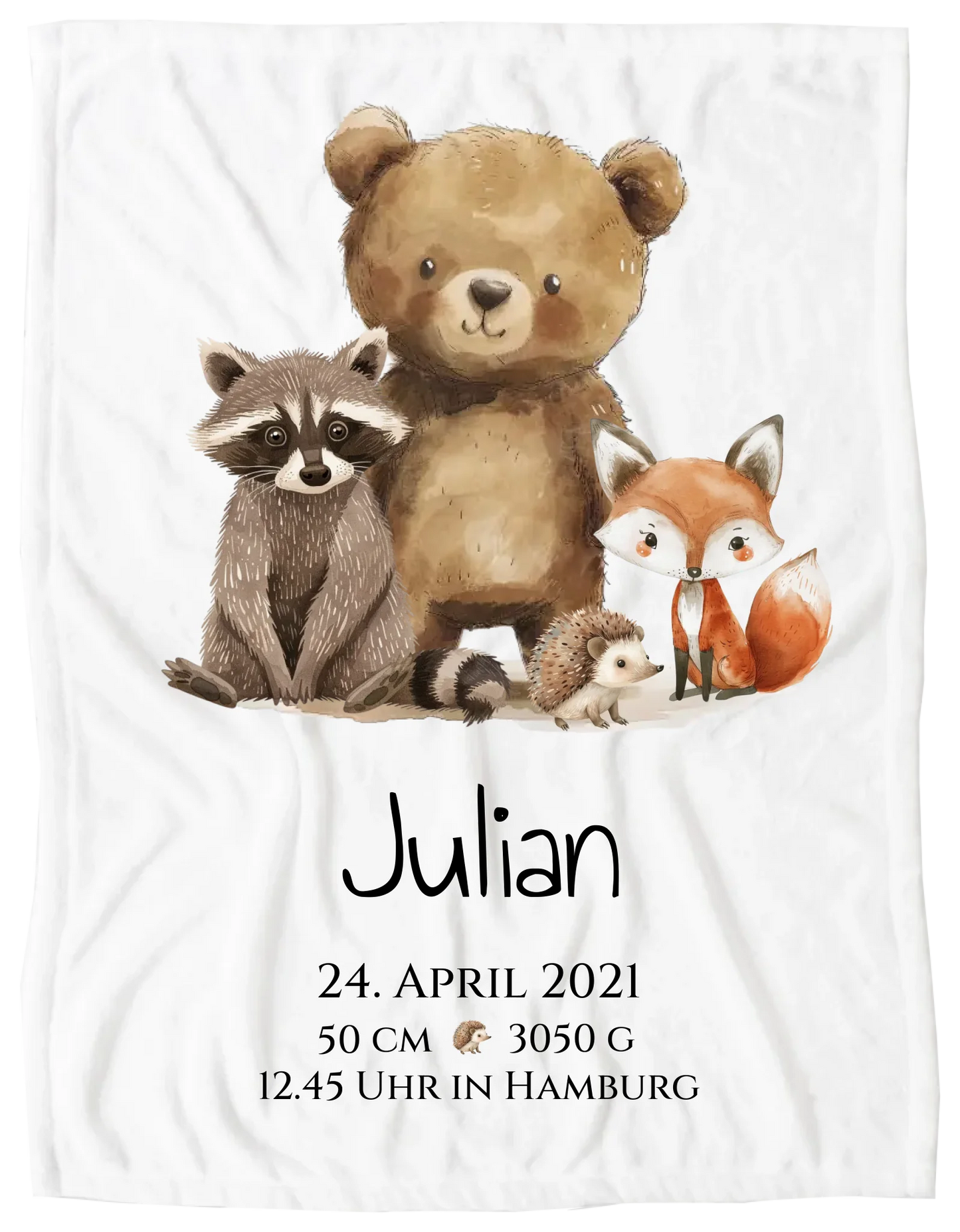 Personalisiertes Kinderposter Geschenk zur Geburt und Taufe - Waldtiere Kinderkissen & Kinderdecke Blanket Premium Kuscheldecke 150 x 100 cm 40" x 60"