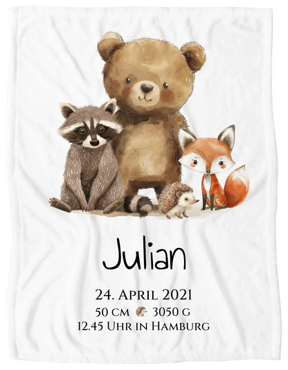 Personalisiertes Kinderposter Geschenk zur Geburt und Taufe - Waldtiere Kinderkissen & Kinderdecke Blanket Premium Kuscheldecke 150 x 100 cm 40" x 60"