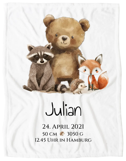 Personalisiertes Kinderposter Geschenk zur Geburt und Taufe - Waldtiere Kinderkissen & Kinderdecke Blanket Premium Kuscheldecke 200 x 150 cm 60" x 80"
