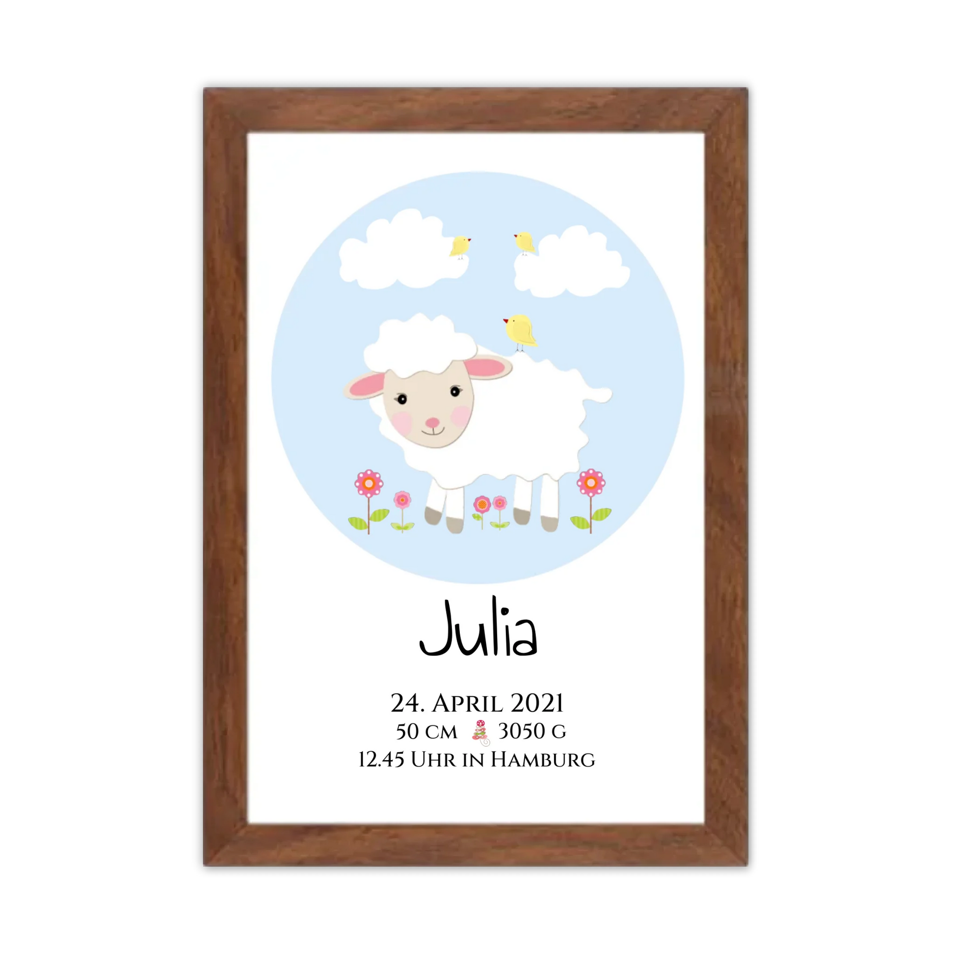 Personalisiertes Schäfchen-Kinderposter mit Geburtsdaten Gerahmtes Poster Walnussflair Walnussflair