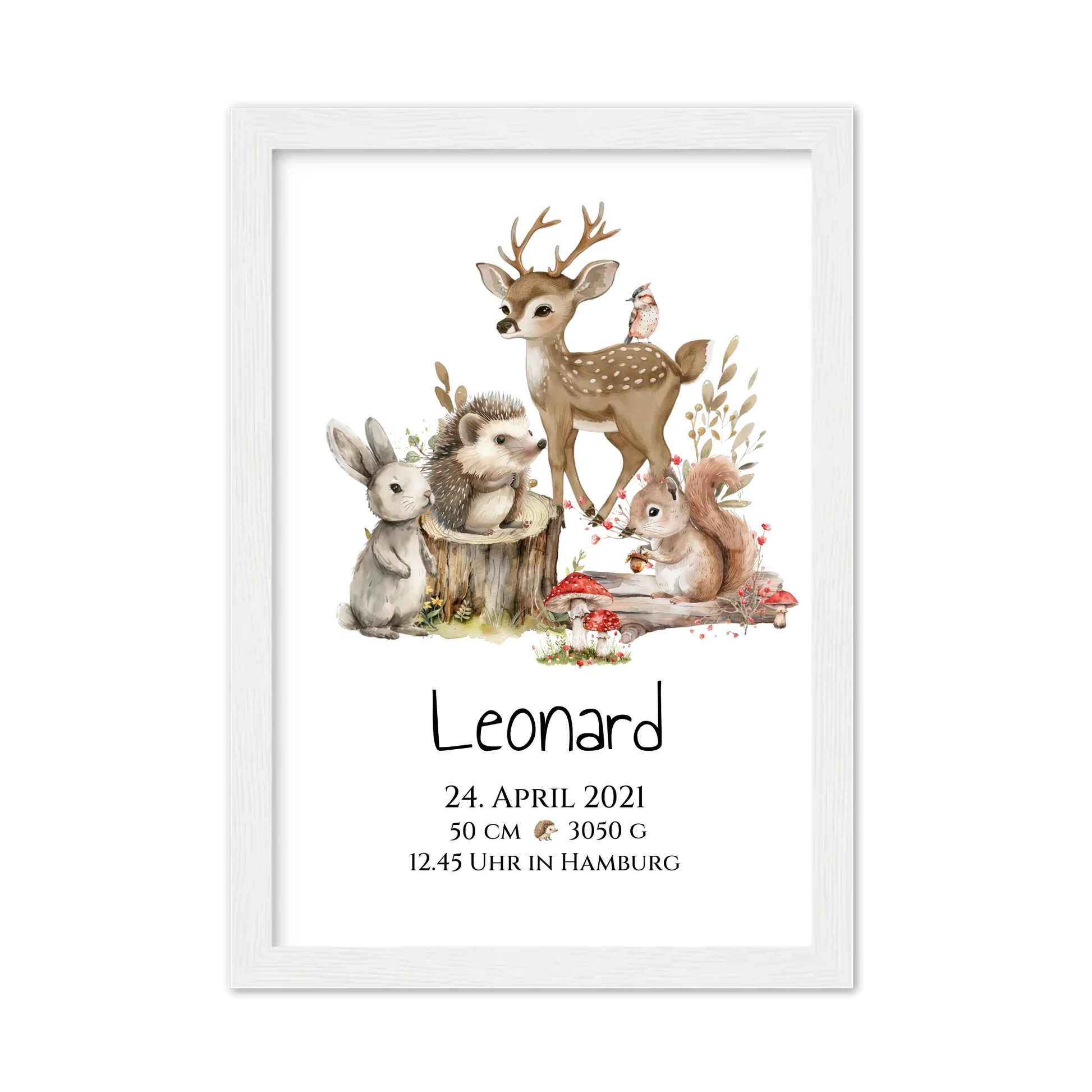Personalisierte Kinderdecke Geschenk zur Geburt und Taufe | Waldtiere Kissen & Kinderposter Gerahmtes Poster weiß Holzflair Weiß