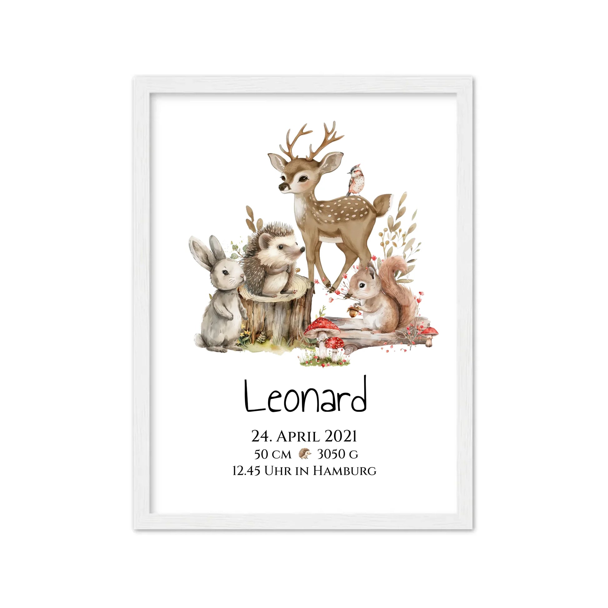 Personalisierte Kinderdecke Geschenk zur Geburt und Taufe | Waldtiere Kissen & Kinderposter Gerahmtes Poster weiß Holzflair Weiß