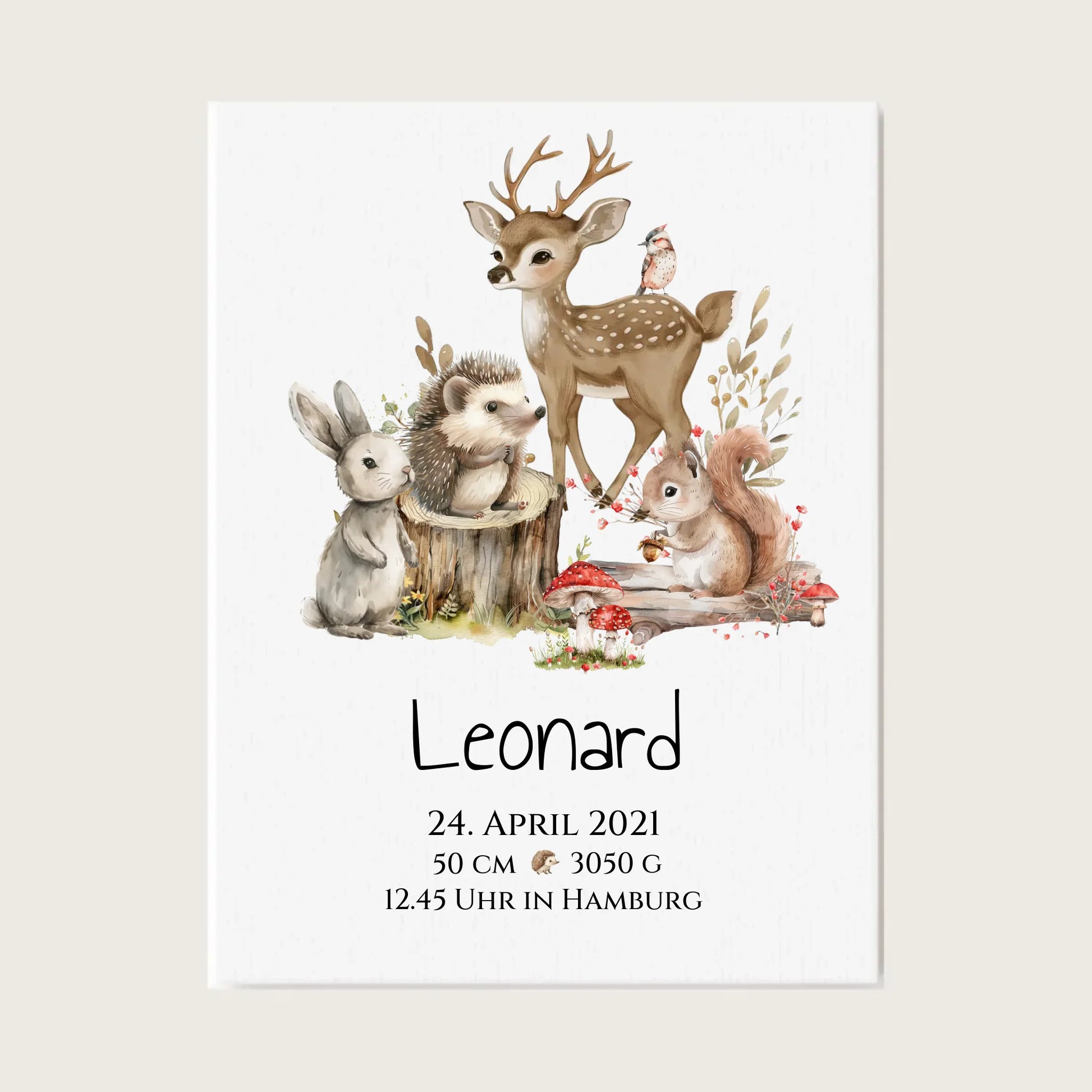 Personalisierte Kinderdecke Geschenk zur Geburt und Taufe | Waldtiere Kissen & Kinderposter Leinwanddruck Leinwandbild
