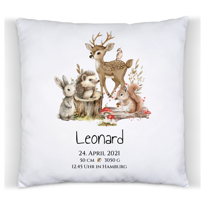 Personalisiertes Kinder Kissen Geschenk zur Geburt und Taufe | Waldtiere Kissen & Kinderdecke