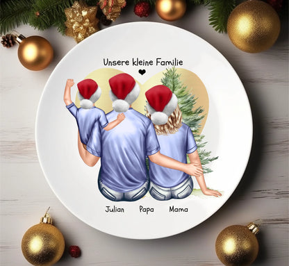 Familiengeschenk Adventsteller / Weihnachtsteller mit Paarbild Mann & Frau & 1 Kind personalisiert mit Namen, Spruch und Kleidung - personalisiertes Nikolausgeschenk & Weihnachtsgeschenk
