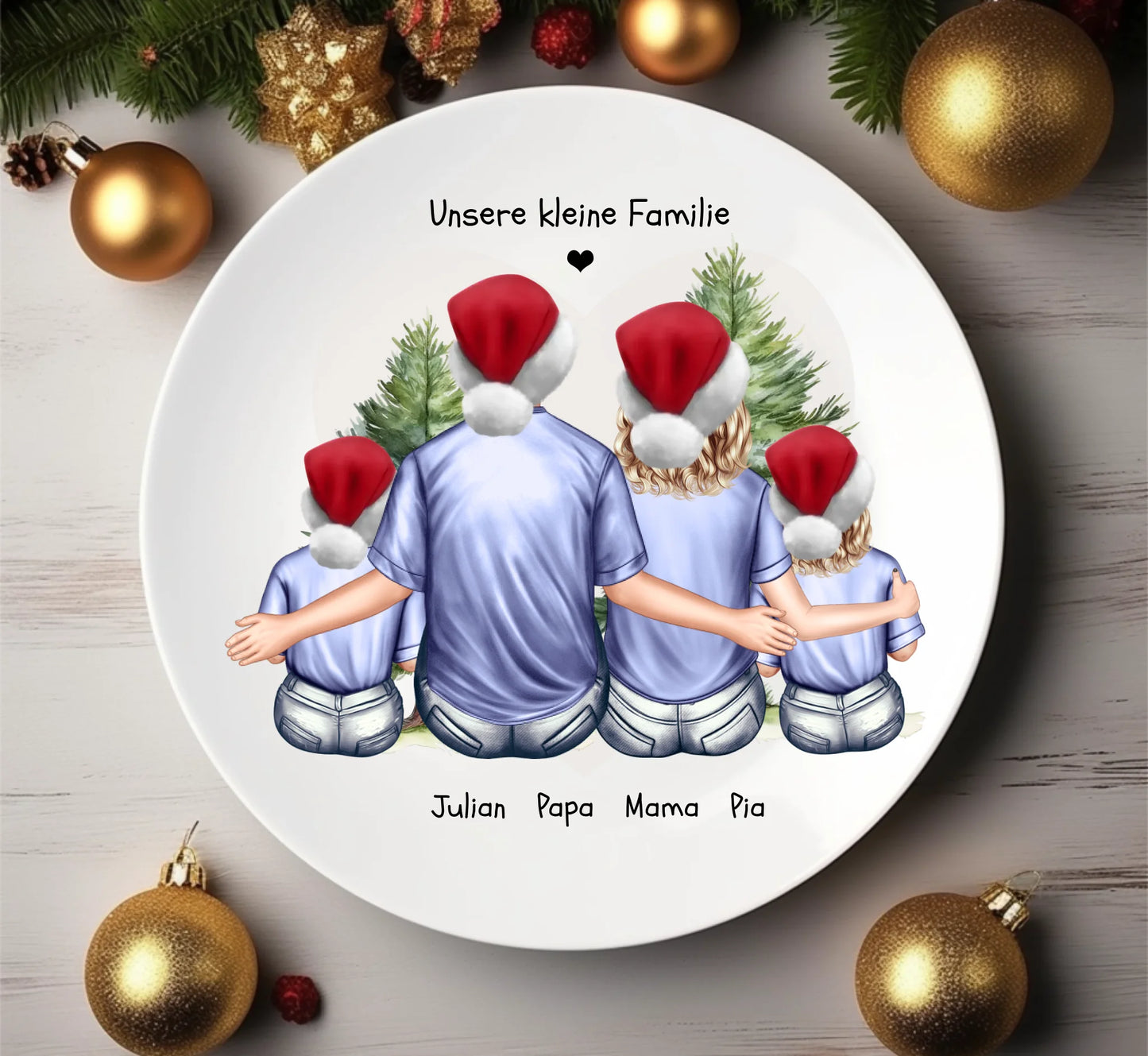 Adventsteller / Weihnachtsteller mit Paarbild Mann & Frau & 2 Kindern personalisiert mit Namen, Spruch und Kleidung - Familiengeschenk personalisiertes Nikolausgeschenk & Weihnachtsgeschenk