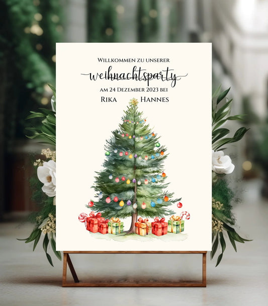 Weihnachtsposter | Willkommensschild Weihnachten | Einladung Weihnachtsfest | Weihnachtsschild Willkommen Schild mit Tannenbaum