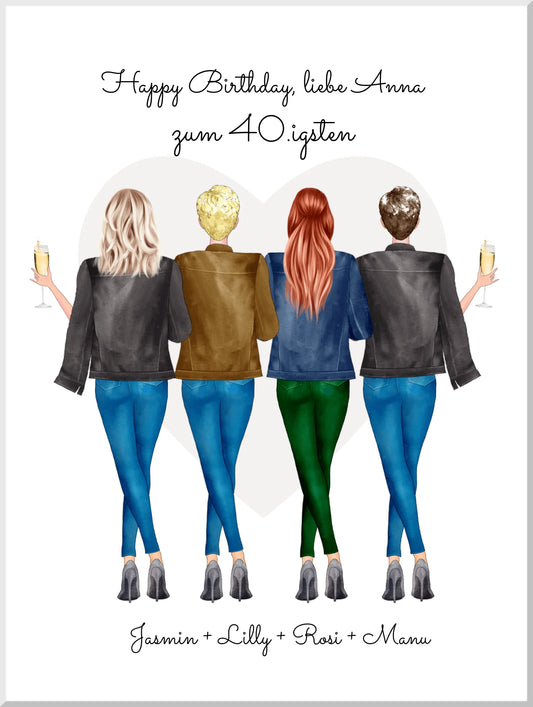 Personalisiertes Geburtstagsgeschenk für beste Freundin - 4 Freundinnen Poster mit Namen Leinwanddruck Leinwandbild