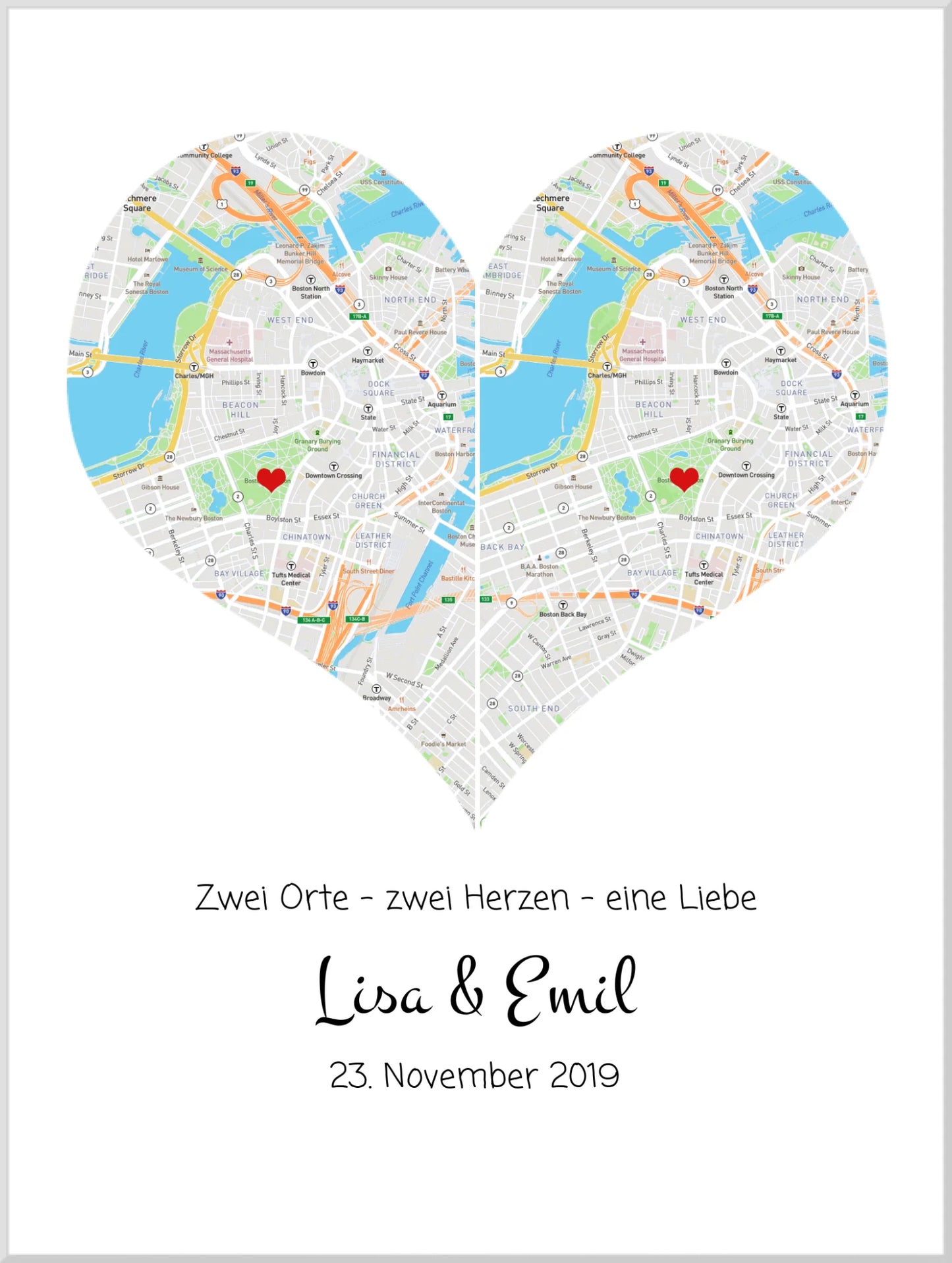Wo alles begann Poster – Personalisierte Stadtkarte mit Herz – 2 Orte, ein Herz – Kennenlernorte – Hochzeitsgeschenk, Hochzeitstag