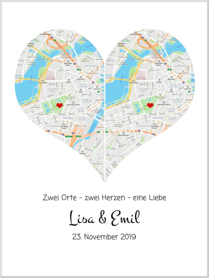 Wo alles begann Poster – Personalisierte Stadtkarte mit Herz – 2 Orte, ein Herz – Kennenlernorte – Hochzeitsgeschenk, Hochzeitstag