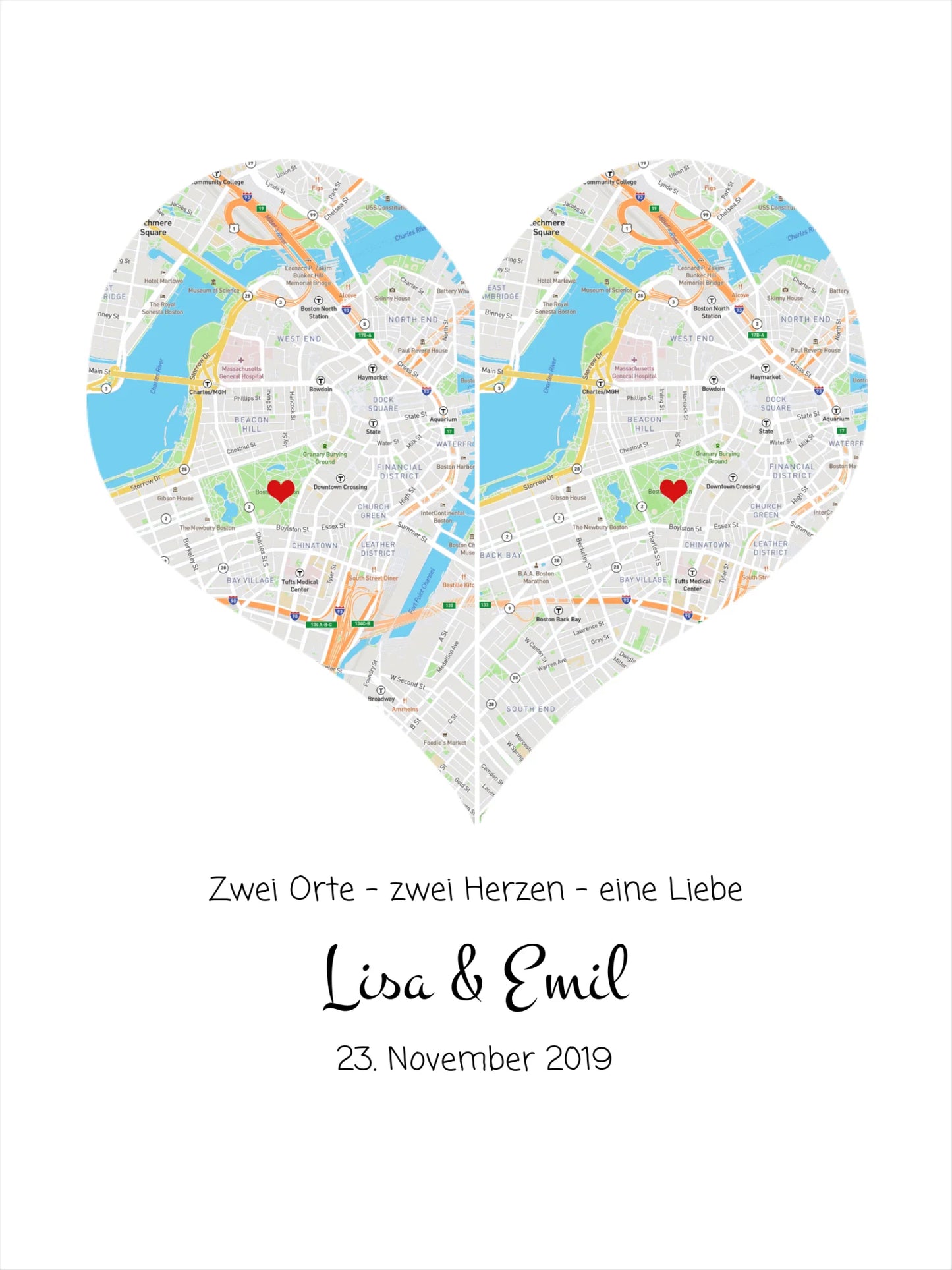 Wo alles begann Poster – Personalisierte Stadtkarte mit Herz – 2 Orte, ein Herz – Kennenlernorte – Hochzeitsgeschenk, Hochzeitstag