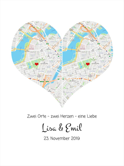 Wo alles begann Poster – Personalisierte Stadtkarte mit Herz – 2 Orte, ein Herz – Kennenlernorte – Hochzeitsgeschenk, Hochzeitstag