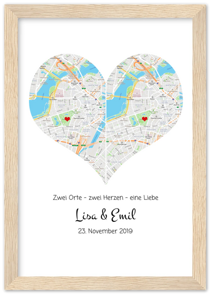 Wo alles begann Poster – Personalisierte Stadtkarte mit Herz – 2 Orte, ein Herz – Kennenlernorte – Hochzeitsgeschenk, Hochzeitstag