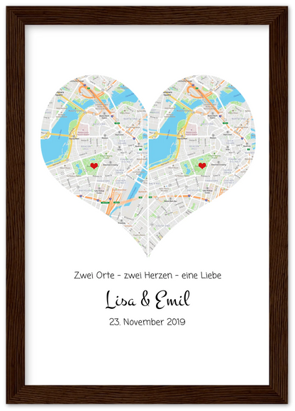 Wo alles begann Poster – Personalisierte Stadtkarte mit Herz – 2 Orte, ein Herz – Kennenlernorte – Hochzeitsgeschenk, Hochzeitstag