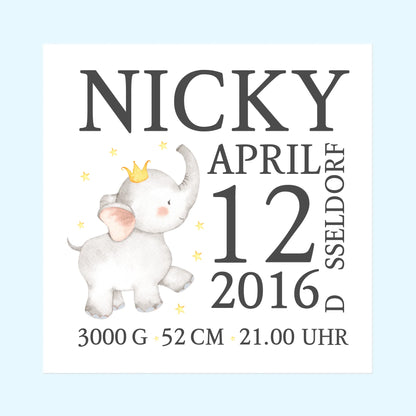 Elefant - Personalisiertes Geburtsposter - personalisierte Geburtsanzeige mit Namen und Geburtsdaten gestalten
