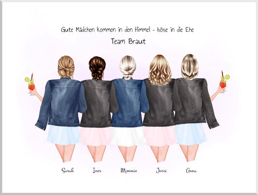 Team Braut, Personalisiertes Geschenk Junggesellinnenabschied Poster, Freundinnen Bild JGA Braut, Brautjungfern Leinwanddruck Leinwandbild