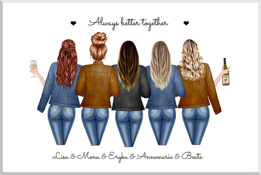 5 beste Freundinnen Poster personalisiertes Geschenk mit Spruch, Geburtstagsgeschenk Bild Leinwanddruck Leinwandbild