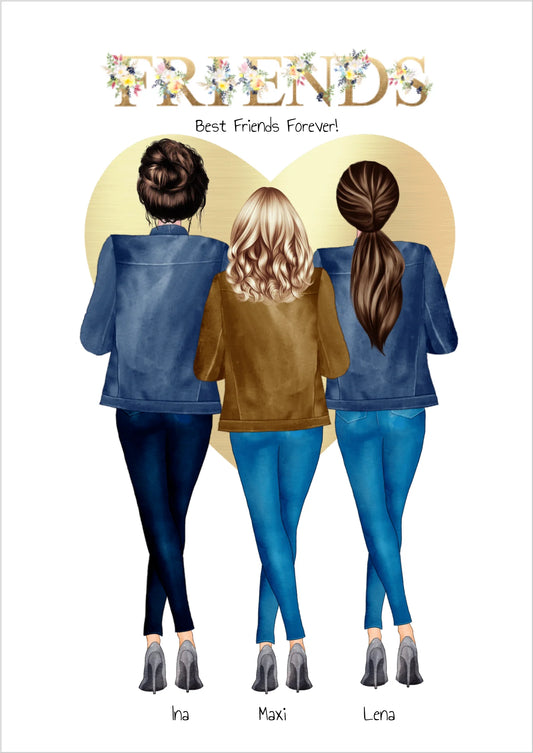 Geburtstagsgeschenk 3 beste Freundinnen Bild | Poster Freundin Geschenk personalisiert | Geburtstag Schwester, Mama, Kollegin
