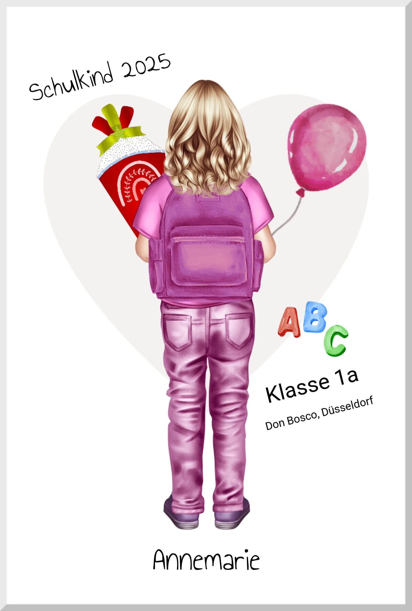 Erster Schultag 2025 - personalisiertes Poster Geschenk Mädchen zur Einschulung Leinwanddruck Leinwandbild 30x20 cm