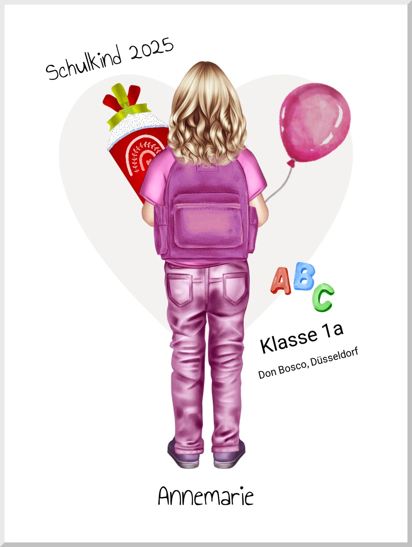 Erster Schultag 2025 - personalisiertes Poster Geschenk Mädchen zur Einschulung Leinwanddruck Leinwandbild 40x30 cm