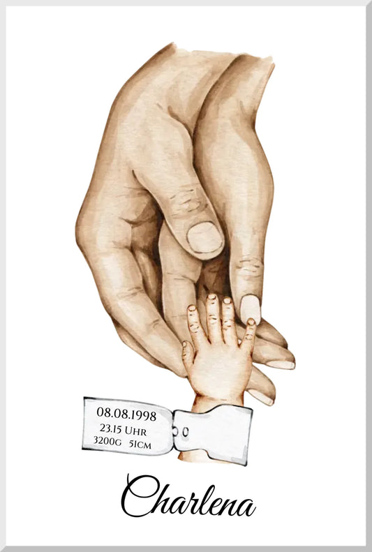 Personalisiertes Familiengeschenk als Familienposter | Geschenk Geburt mit Hände Motiv | Namen 3 Personen Leinwanddruck Leinwandbild