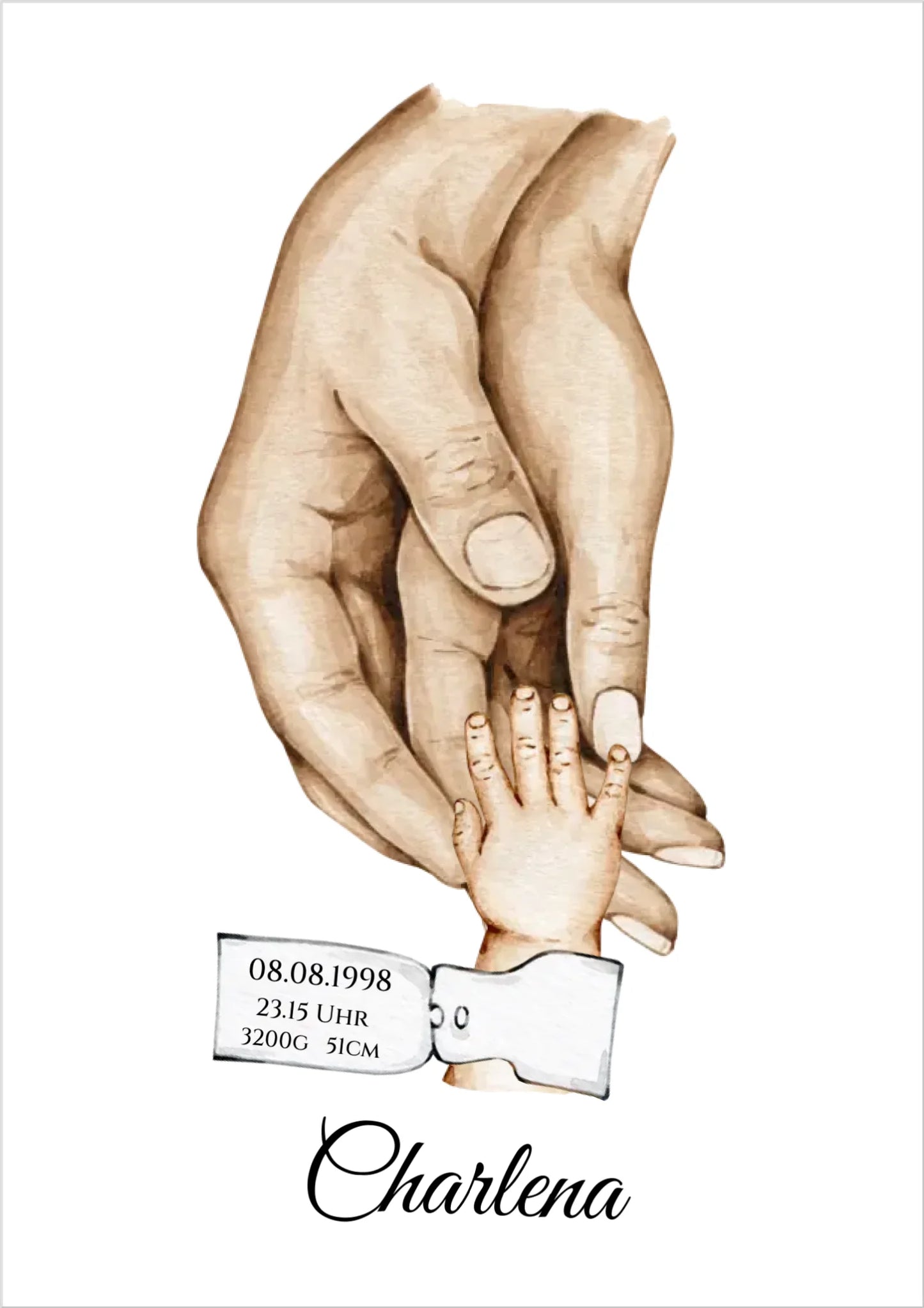 Personalisiertes Familiengeschenk als Familienposter | Geschenk Geburt mit Hände Motiv | Namen 3 Personen