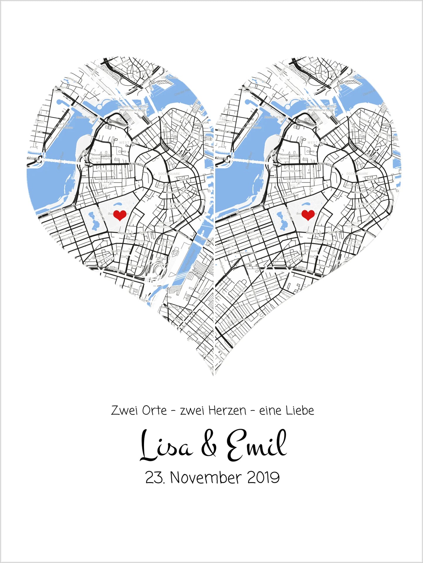 Personalisiertes Hochzeitsgeschenk Poster "Herz Koordinaten" im Stadtkarten & Stadtposter Design mit Namen & Datum | Koordinaten Bild