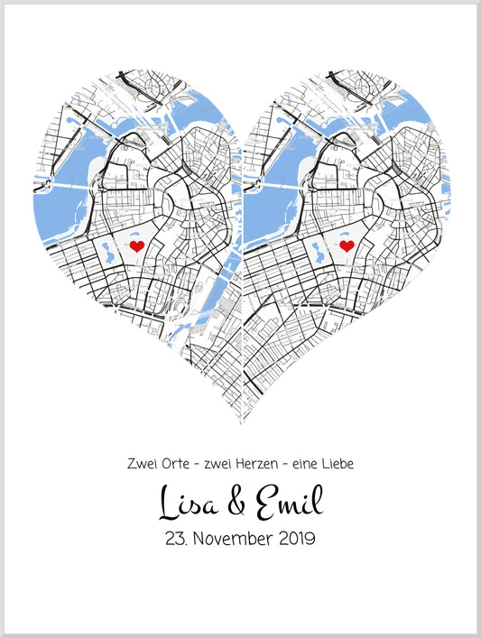 Personalisiertes Hochzeitsgeschenk Poster "Herz Koordinaten" im Stadtkarten & Stadtposter Design mit Namen & Datum | Koordinaten Bild Leinwanddruck Leinwandbild