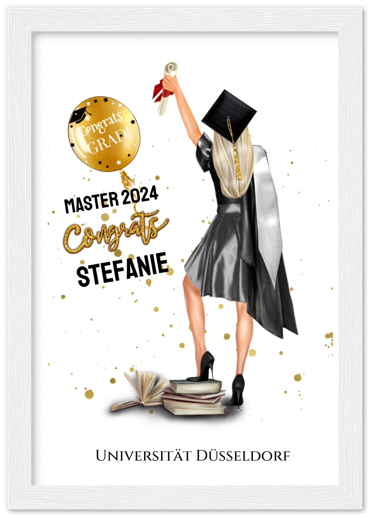 Abschlussgeschenk personalisiertes Poster Geschenk Bachelor - Geschenk Master - Geschenk Abitur - Schulabschluss Mädchen, Frau Premium Matte Paper Wooden Framed Poster - White - Vertical Gerahmtes Poster A4 21x29.7 cm