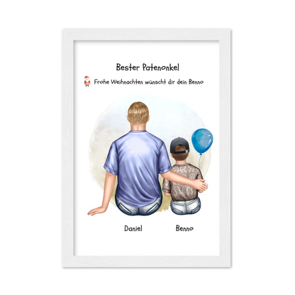 Geschenk Patenonkel mit Patenkind Junge / Mächen Poster, Leinwandbild - Weihnachtsgeschenk Geburtstagsgeschenk Gerahmtes Poster weiß Holzflair Weiß