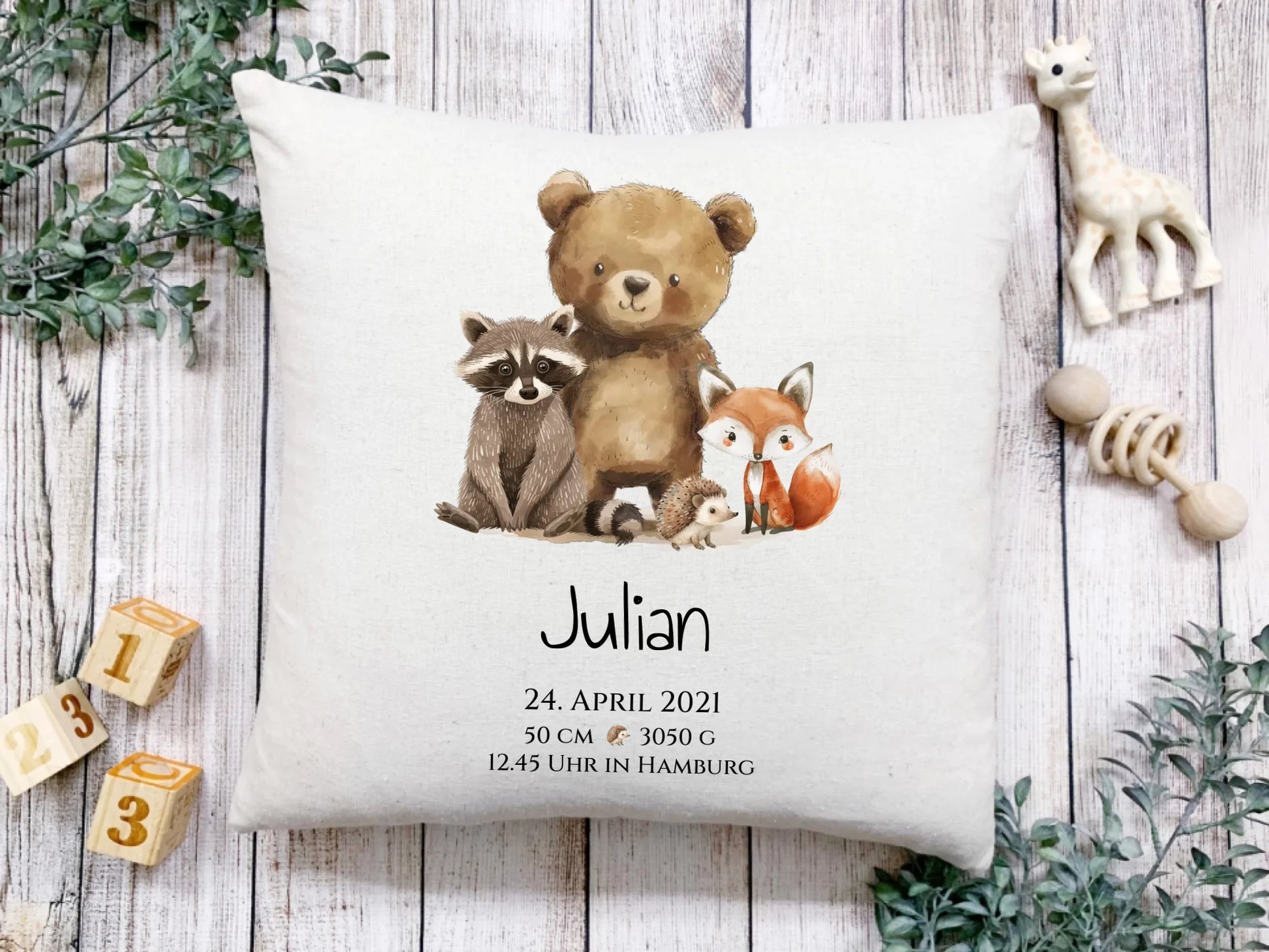 Personalisiertes Kinderposter Geschenk zur Geburt und Taufe - Waldtiere Kinderkissen & Kinderdecke