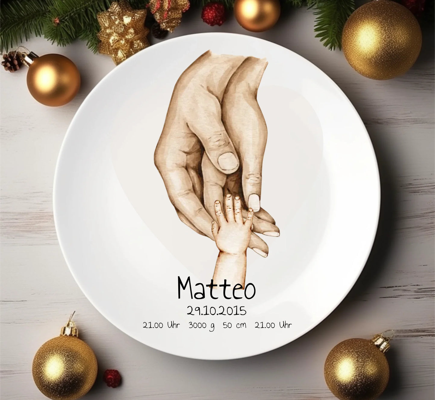 Geburtsteller, Taufteller mit Namen und Datum | Personalisiertes Babygeschenk | Geschenk zur Geburt, Taufe | Familiengeschenk Hände Motiv Teller Melamin flacher Teller - nur innerhalb Deutschland lieferbar Durchmesser 23,5 cm - nur innerhalb Deutschland lieferbar