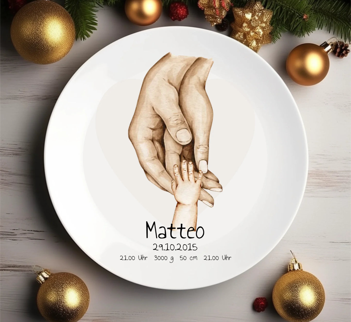 Geburtsteller, Taufteller mit Namen und Datum | Personalisiertes Babygeschenk | Geschenk zur Geburt, Taufe | Familiengeschenk Hände Motiv Teller Polymer nicht mehr lieferbar Durchmesser 20 cm
