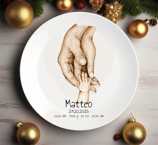 Geburtsteller, Taufteller mit Namen und Datum | Personalisiertes Babygeschenk | Geschenk zur Geburt, Taufe | Familiengeschenk Hände Motiv Teller Polymer nicht mehr lieferbar Durchmesser 20 cm
